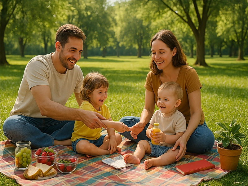 Família sorridente aproveita um piquenique ao ar livre em um parque arborizado durante um dia ensolarado. O casal está sentado sobre uma toalha colorida, interagindo com seus dois filhos pequenos. Ao redor, frutas frescas, sanduíches e sucos naturais estão organizados cuidadosamente, com árvores verdes e um gramado bem cuidado ao fundo. A cena transmite simplicidade, equilíbrio e felicidade genuína.