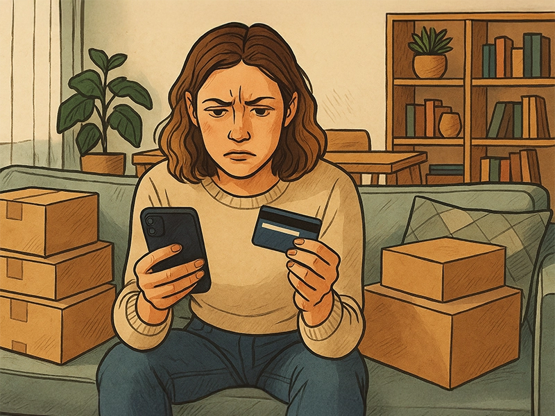Ilustração de uma jovem sentada no sofá de casa olhando para seu celular, com expressão de dúvida e reflexão, segurando um cartão de crédito na outra mão. Ao seu redor, o ambiente é moderno, mas transmite uma sensação de consumo digital exagerado, com caixas de entregas recentes espalhadas. A cena retrata a luta interna entre o impulso de comprar e a consciência financeira.