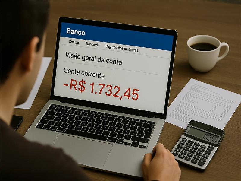 Homem sentado em frente ao notebook, olhando para a tela do site do banco com destaque para o saldo negativo de -R$ 1.732,45 em vermelho no cheque especial na seção "Conta corrente". Na mesa de madeira há papéis, uma calculadora simples, uma xícara de café pela metade e um celular, compondo um ambiente que transmite preocupação e tentativa de reorganizar as finanças.