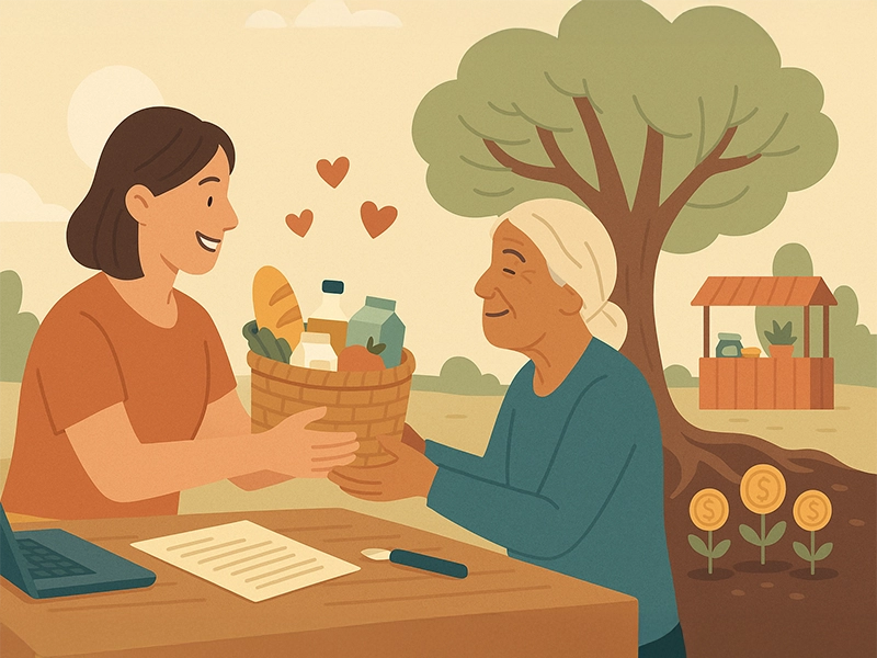 Ilustração vetorial mostra uma mulher sorridente entregando uma cesta com alimentos para uma senhora idosa que recebe com gratidão. Ao fundo, uma árvore frondosa com raízes visíveis, de onde nascem moedas douradas como flores. Pequenos corações flutuam entre as duas, simbolizando amor e generosidade. A cena transmite a mensagem de que doar é plantar um legado de frutos duradouros.