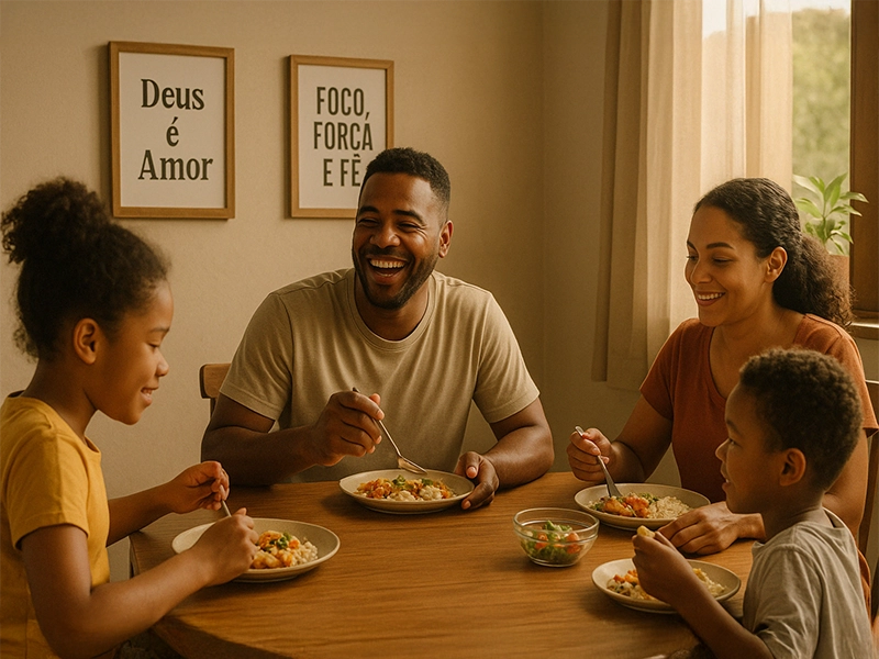 Família sorridente reunida em torno de uma mesa simples de madeira, compartilhando uma refeição caseira. Ao fundo, quadros com as frases “Deus é Amor” e “Foco, Força e Fé” decoram a parede. A luz natural entra pela janela onde há uma planta em vaso, criando um ambiente de comunhão, simplicidade e gratidão.