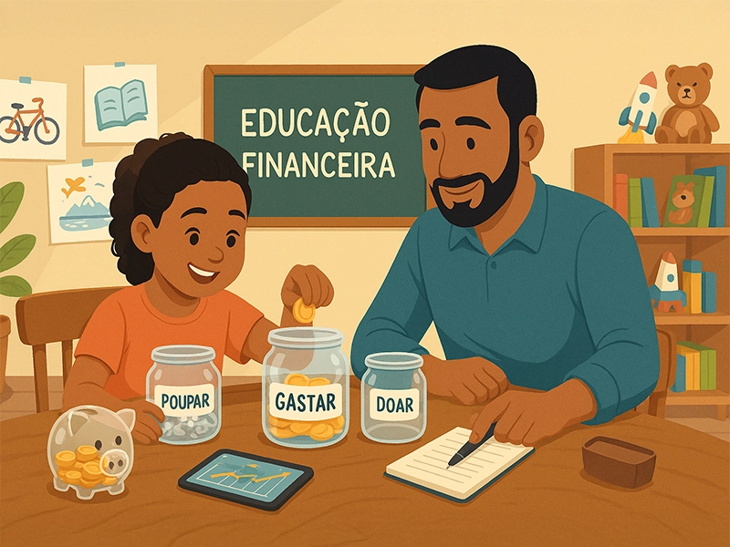 Ilustração alegre e educativa mostra uma criança de cerca de 9 anos sorrindo enquanto coloca uma moeda no pote rotulado “Poupar”, ao lado de outros dois potes: “Gastar” e “Doar”. Um cofrinho transparente parcialmente cheio e um tablet com gráfico infantil completam a mesa. Ao fundo, o pai observa com carinho e incentivo, com desenhos de metas na parede, uma lousa com “Educação Financeira” e uma estante com livros e brinquedos.