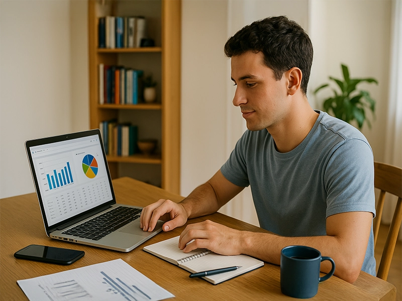 Jovem adulto sentado à mesa de casa, concentrado no notebook que exibe gráficos financeiros. Ao redor, há objetos do dia a dia como celular, caderno e caneca de café. O ambiente é iluminado naturalmente, com estante de livros e planta ao fundo, transmitindo uma rotina organizada e o uso inteligente da tecnologia para cuidar das finanças.