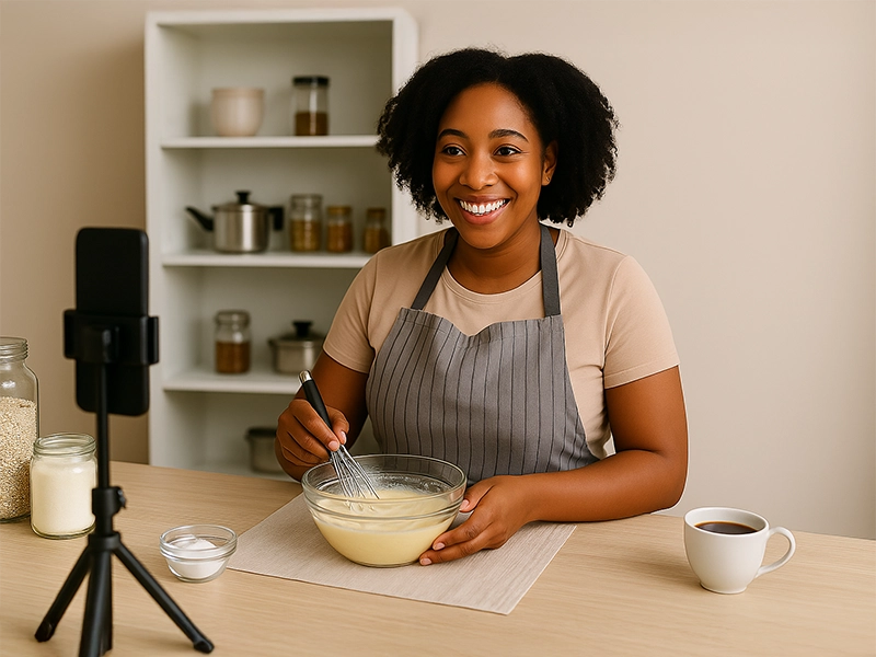 Mulher negra sorridente, com avental listrado, grava um vídeo de culinária em sua cozinha caseira. Ela está em pé, mexendo uma tigela com ingredientes e olhando para o celular fixado em um tripé. Sobre a bancada há potes com ingredientes e, ao fundo, prateleiras com panelas e temperos, compondo um ambiente acolhedor e organizado.