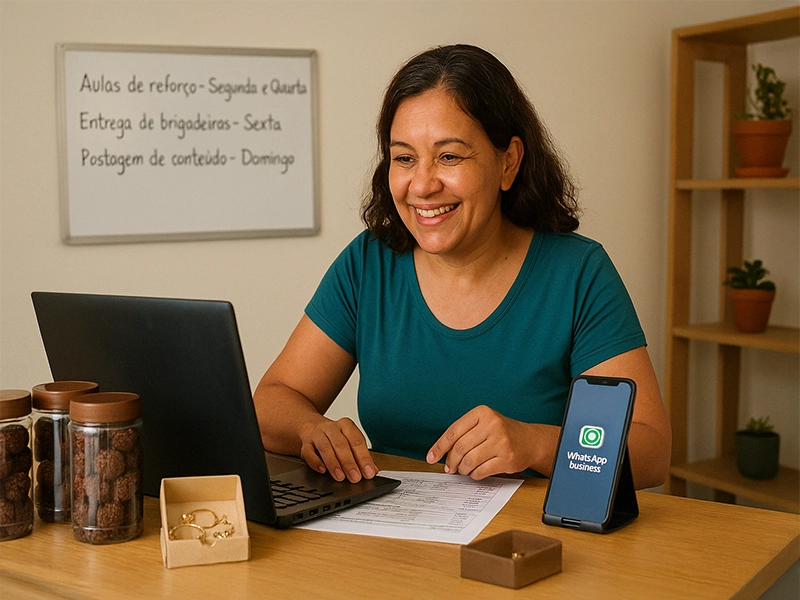 Mulher morena de 45 anos, sorridente, trabalha em casa sentada à mesa com um notebook. Ao seu redor, potes com brigadeiros, uma caixa com bijuterias e um celular com WhatsApp Business aberto. Ao fundo, um quadro branco mostra tarefas como “Aulas de reforço”, “Entrega de brigadeiros” e “Postagem de conteúdo”. A cena retrata uma rotina produtiva com múltiplas fontes de renda.