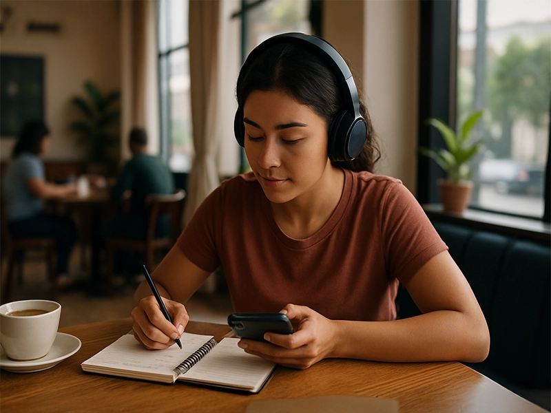 Mulher jovem com fones de ouvido sentada em uma cafeteria aconchegante, segurando o celular enquanto escreve em um caderno. Ao lado dela, uma xícara de café. Ao fundo, outras pessoas conversam em um ambiente iluminado por luz natural, transmitindo serenidade e foco no autocuidado financeiro.