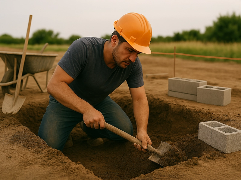 Homem com capacete de segurança laranja e roupa de obra cava uma vala com uma pá em um terreno de terra, preparando o espaço para a fundação de uma casa. Ao fundo, há vegetação e ferramentas de construção, representando o início de um projeto sólido e estruturado da reserva de emergência.