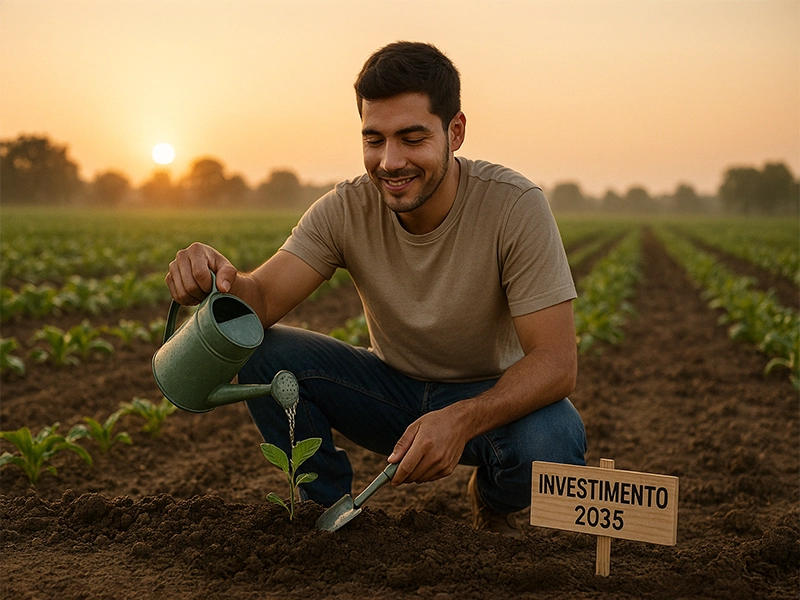 Jovem moreno ajoelhado em uma plantação ao amanhecer, regando com cuidado uma muda recém-plantada. Ele sorri levemente enquanto segura um regador e uma pequena pá. Ao lado da muda, uma placa com a inscrição “Investimento – 2035”. Ao fundo, campos já cultivados e a luz suave do sol nascente completam o cenário, simbolizando esperança, paciência e crescimento financeiro.