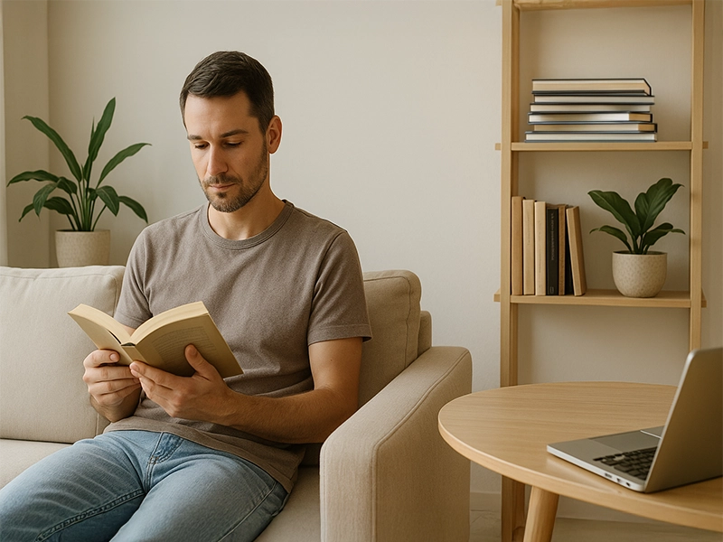 Cena iluminada pela luz natural de uma manhã tranquila mostra um homem que lê sentado no sofá. O ambiente é minimalista, com poucos móveis, tons neutros, plantas naturais e uma estante com livros. A imagem transmite paz, propósito e organização.