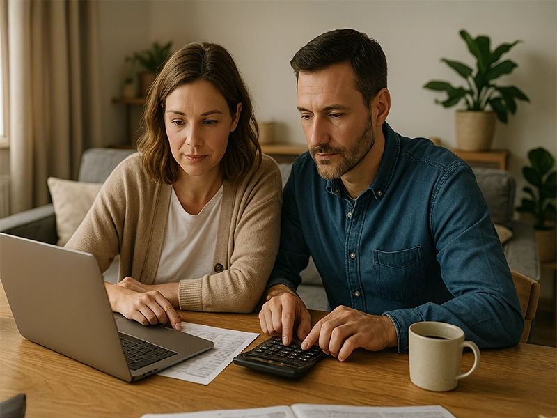 Casal de 30 a 45 anos analisando finanças em casa com laptop e calculadora sobre a mesa, expressando foco e parceria.
