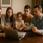família planejando reserva de emergência com papéis e notebook na mesa.