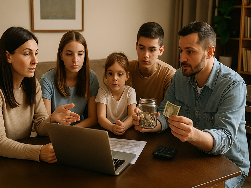 família planejando reserva de emergência com papéis e notebook na mesa.