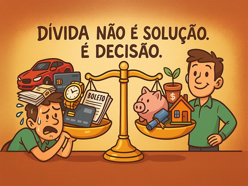 Ilustração em estilo cartoon mostra uma pessoa com expressão indecisa diante de uma mesa dividida entre dois caminhos: empréstimo ou planejamento financeiro. No lado esquerdo, símbolos de dívidas e preocupação; no direito, planilhas, cofre e gráficos. Representa o dilema de contratar crédito ou se organizar financeiramente.