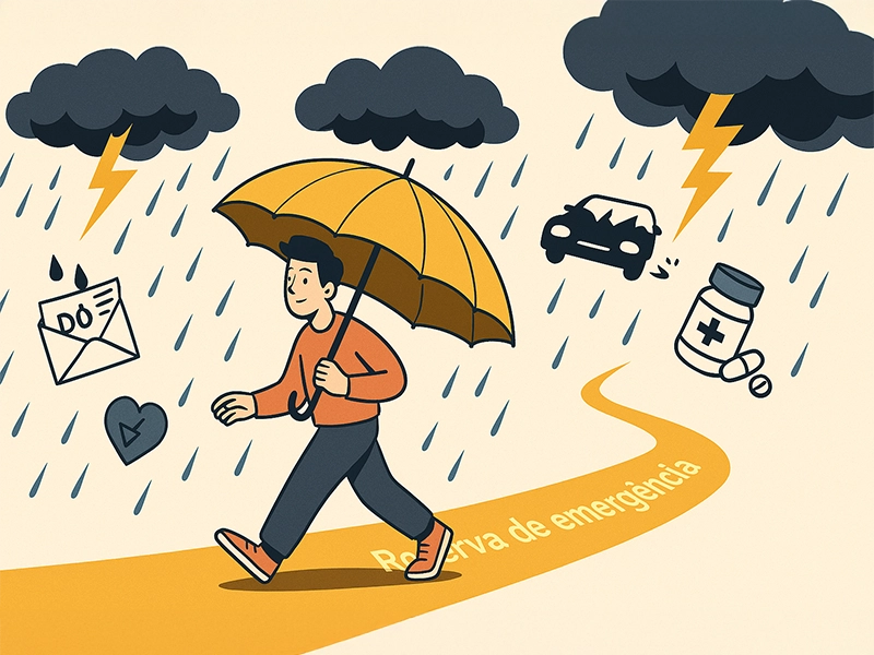 Ilustração minimalista de um jovem adulto caminhando com um guarda-chuva gigante aberto, protegendo-se de uma tempestade simbólica de boletos, nuvens escuras com raios e ícones de imprevistos (como carro quebrado, remédios e contas). No chão, há uma pequena trilha dourada sinalizando o caminho da reserva de emergência. A expressão do personagem é tranquila, mostrando que está preparado, enquanto o caos passa ao redor sem atingi-lo.