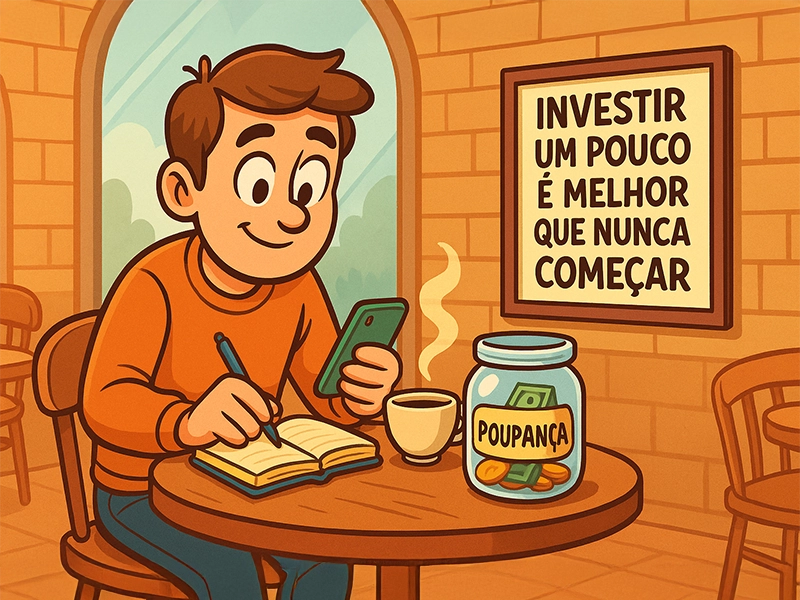 Pessoa jovem organizando seus investimentos em uma cafeteria, com caderno e celular à mesa, simbolizando o início de uma jornada financeira com pouco dinheiro.