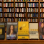 Fotografia realista de cinco livros de finanças pessoais expostos lado a lado sobre uma estante de madeira em uma livraria, com prateleiras de livros ao fundo. As capas visíveis incluem títulos de Gustavo Cerbasi, Nathalia Arcuri, José Pio Martins, George S. Clason e Robert T. Kiyosaki.