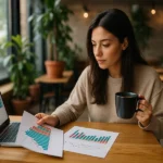 uma mulher jovem de pele clara, cabelos longos e escuros, sentada em uma mesa com um laptop e anotações, concentrada no planejamento de seus investimentos mensais em um ambiente doméstico organizado e iluminado.