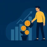 Ilustração digital em estilo flat mostrando um jovem investidor observando gráficos financeiros, com símbolos de crescimento e moedas ao fundo, representando a escolha entre renda fixa e renda variável para iniciantes.
