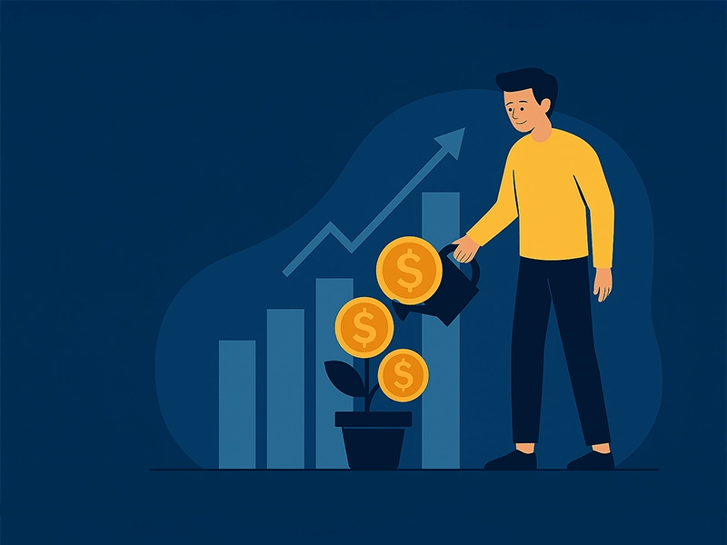 Ilustração digital em estilo flat mostrando um jovem investidor observando gráficos financeiros, com símbolos de crescimento e moedas ao fundo, representando a escolha entre renda fixa e renda variável para iniciantes.