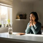 Mulher contemplativa sentada à mesa com um pote de moedas, ao lado de caderno e plantas, iluminada por luz natural ao entardecer, representando reflexão sobre finanças pessoais e simplicidade.