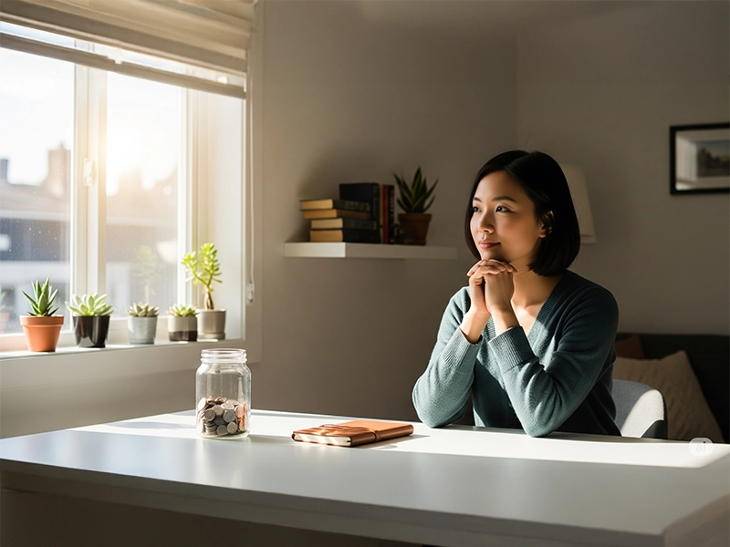 Mulher contemplativa sentada à mesa com um pote de moedas, ao lado de caderno e plantas, iluminada por luz natural ao entardecer, representando reflexão sobre finanças pessoais e simplicidade.