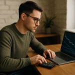 Jovem adulto usando óculos, concentrado em análises financeiras no notebook com gráficos de investimentos na tela, enquanto utiliza uma calculadora sobre uma mesa de madeira.